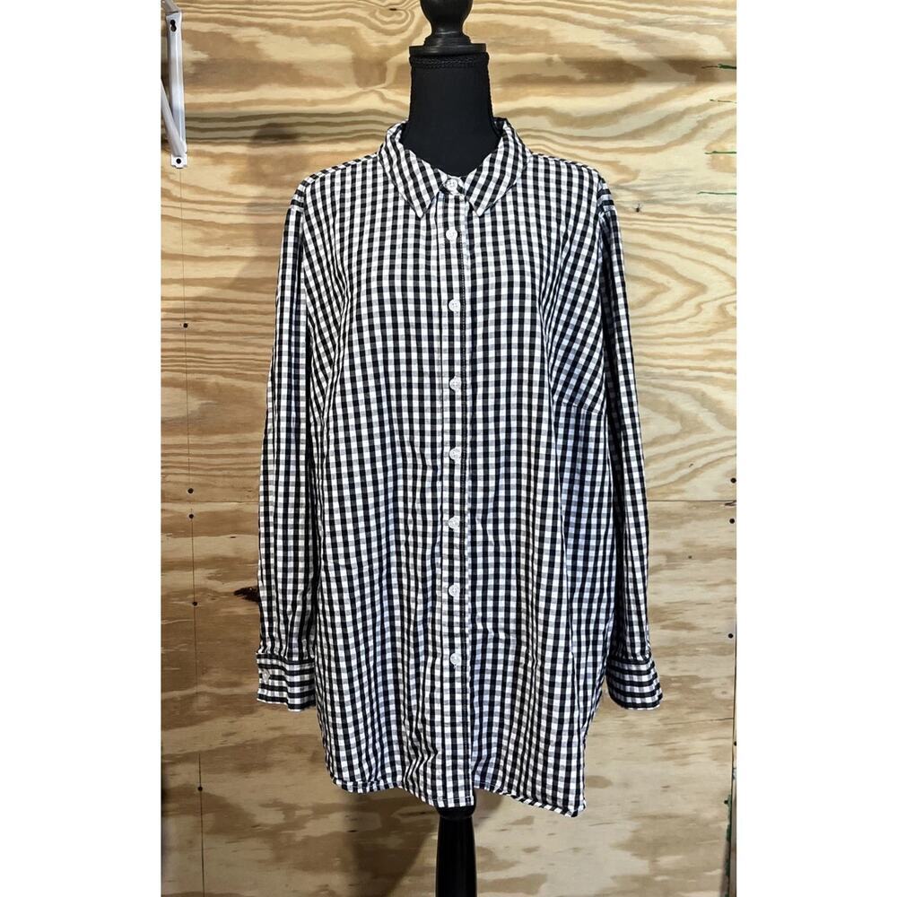 Woman Within Button Up Shirt Sz 2X Gingham Black White Cottagecore Mature